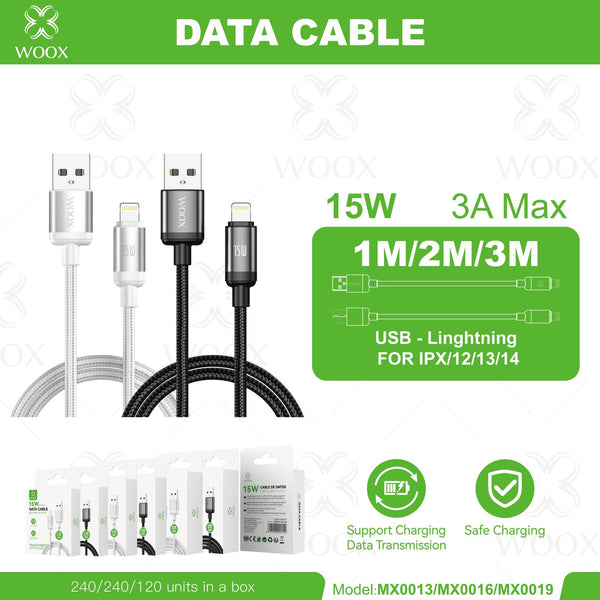 WOOX USB to Lightning Cable 15W Fast Charging iPhone Cable 1M/2M/3M UK | 3A Data Cable
