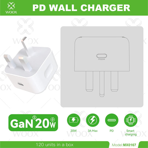 WOOX 20W PD Wall Charger USB-C Fast Charging Plug UK | GaN Type-C Power Adapter