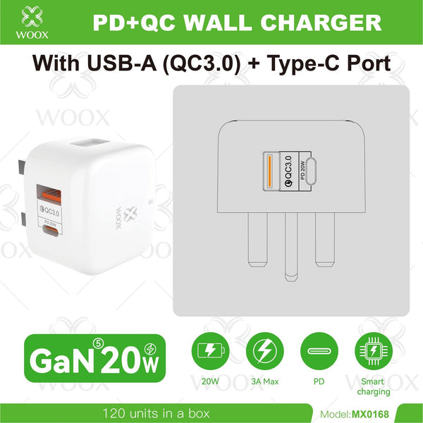 WOOX 20W PD + QC3.0 Charger UK | USB-C + USB-A Fast Charging Plug MX0168