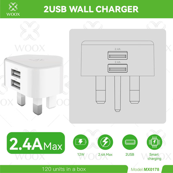 WOOX Dual USB Wall Charger 2.4A Fast Charging Plug UK | 2 Port USB Power Adapter MX0178