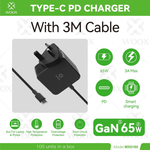 65W USB-C PD Charger UK | WOOX GaN Fast Charger with 3M Cable