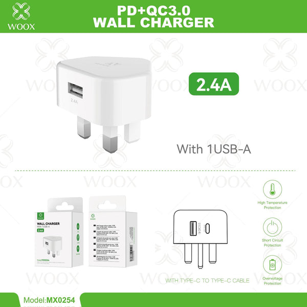 WOOX 2.4A USB Wall Charger UK | PD QC3.0 Fast Charging Plug MX0254
