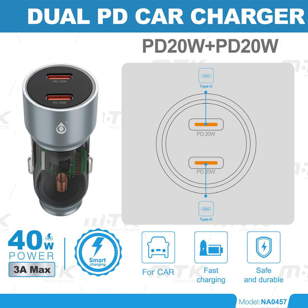 40W Dual USB-C Car Charger PD 20W + 20W UK | Fast Charging Car Adapter