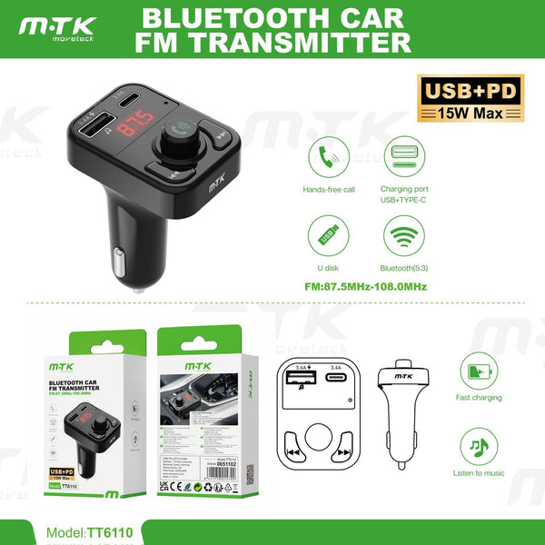 Bluetooth Car FM Transmitter UK | USB + PD Fast Charger 15W Hands-Free Kit