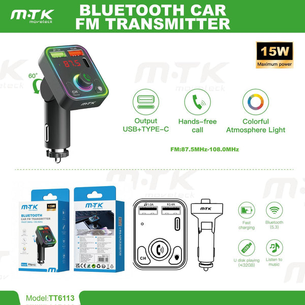 MTK Bluetooth Car FM Transmitter 15W USB + Type-C Fast Charger UK | Hands-Free Calling & RGB Light