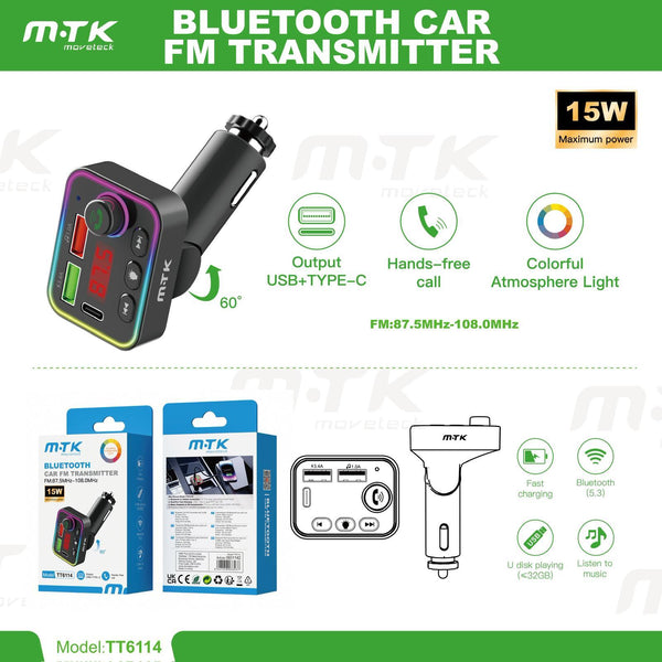 MTK Bluetooth Car FM Transmitter – 15W Fast Charging | USB + Type-C | Hands-Free Calling