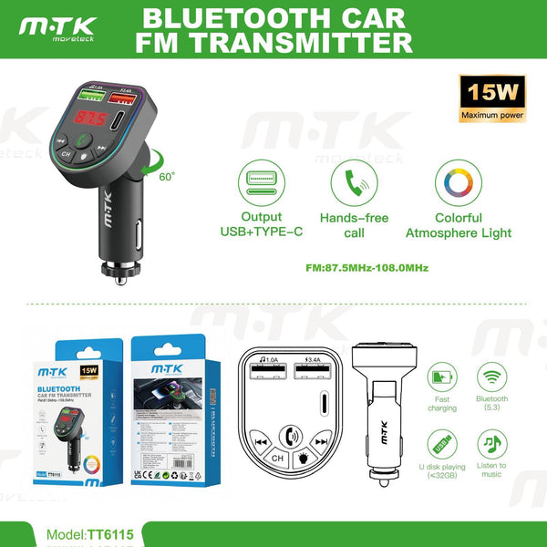 MTK Bluetooth Car FM Transmitter – 15W Fast Charging | USB + Type-C | Hands-Free Calling