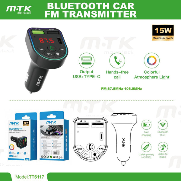 Bluetooth Car FM Transmitter UK | USB + Type-C Fast Charger 15W Hands-Free Kit