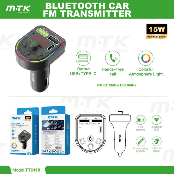 Bluetooth Car FM Transmitter UK | USB + Type-C Fast Charger 15W Hands-Free Kit TT6118